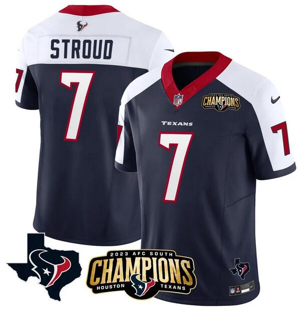 Men's Houston Texans #7 C.J. Stroud Navy/White 2023 F.U.S.E. AFC South Champions Patch And Team Logo Patch Vapor Untouchable Limited Football Stitched Jersey